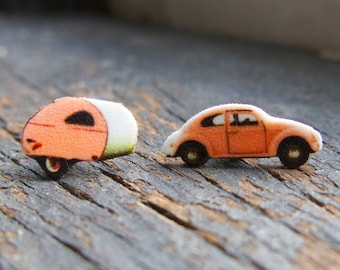 Trailer Earrings Beetle, Camper Post Earrings, For Friend, Vintage Bug, Quirky Stud, Jewelry For Her, Kitschy Hippie Seventies, Handmade