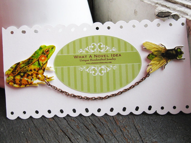 Etsy Trend Fun Present For Girls Nature Jewelry Green Frog and Fly Insect Brooch Double Pin Woodland Quirky Gift Idea Sweater Collar Image