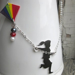 Pride Day LGBTQ Rainbow Flag Necklace jewelry Statement Necklace Rainbow Girl Flying a Kite Black Silhouette Lesbian Pride Jewellery image 2