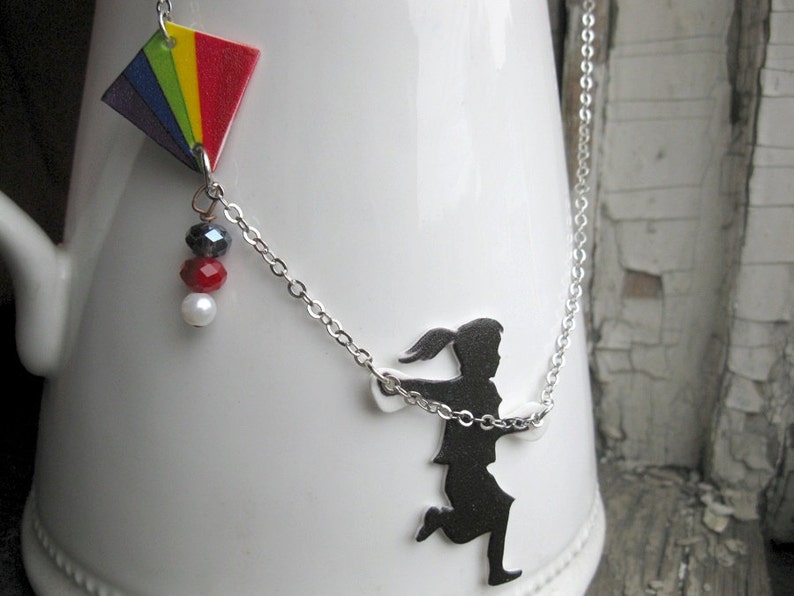 Pride Day LGBTQ Rainbow Flag Necklace jewelry Statement Necklace Rainbow Girl Flying a Kite Black Silhouette Lesbian Pride Jewellery image 2