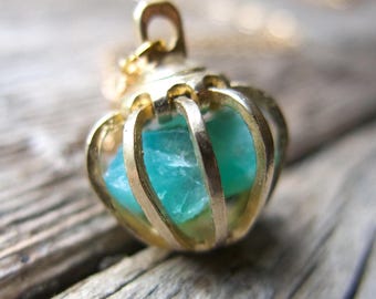 Blue Opal Necklace Raw Gemstone: Handmade Peruvian Stone in Silver, Gunmetal or Bronze Cage, October Birthstone, Gift For Her