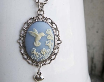 Hummingbird Cameo Necklace, Mother's Day Gift, Bird Blue Pink Black Nature for Her, Grandmother Mom Girlfriend Sister Best Friend Present