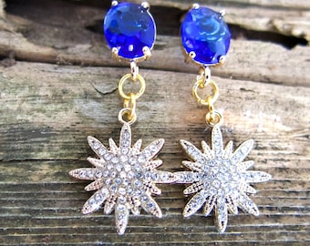 Ster Strass en Saffier Blauwe Oorbellen, Gouden Post Starburst voor haar, Handgemaakt Marineblauw, Moederdag Cadeau voor vriend, Dangle Sieraden