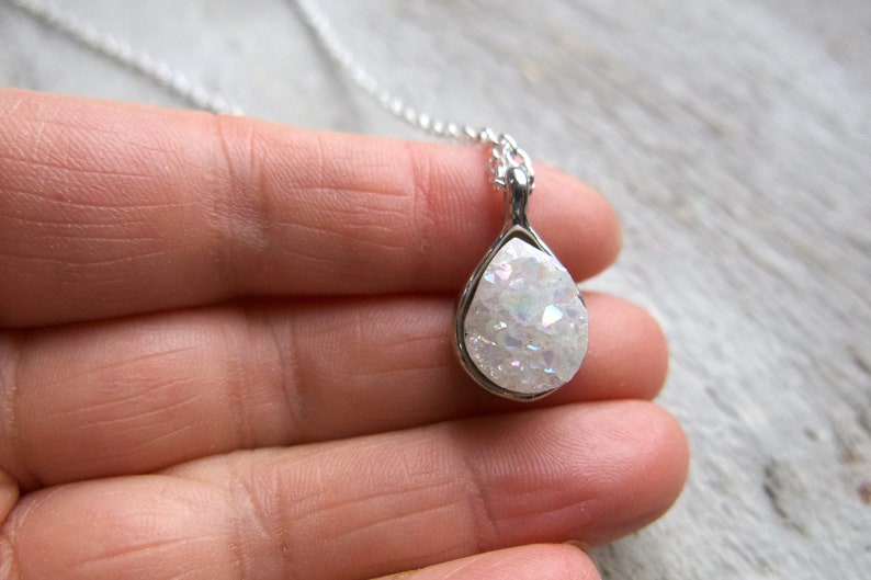 White Druzy Necklace, Titanium Rainbow with Pink Sparkle, Gemstone Crystal, Natural Stone Pendant Gift For Her, Mother's Day, Present Friend image 4