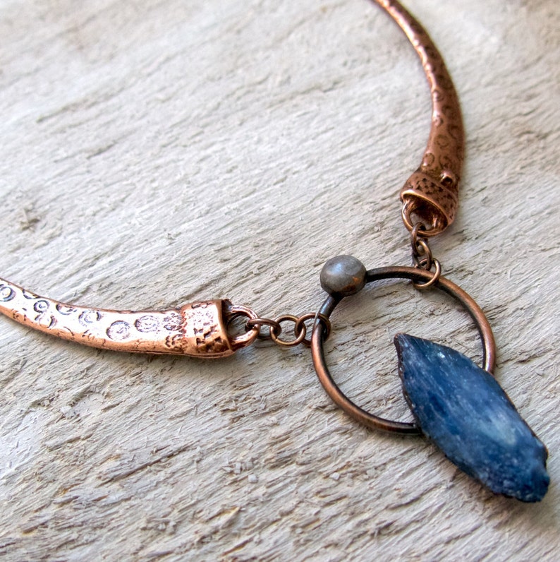 Kyanite and Copper Necklace, Mother's Day Gift, Raw Rough Gemstone, Handmade for Her Electroplate Metallic Rustic Statement Collar Connector image 2