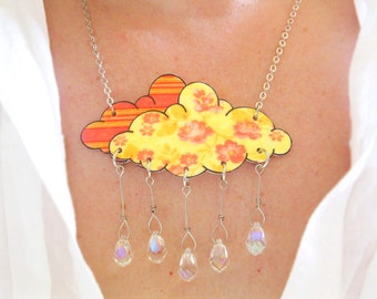 Bright Crystal Cloud Necklace Women Tangerine Orange Rain Shower Raindrop Floral