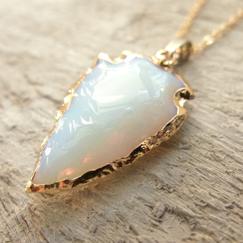 Opalite Arrowhead Necklace, Arrow Healing Stone, Mother's Day Gift, White Gemstone, Bronze Gold, Friend Gift, Boho Bohemian Style, Opal image 1