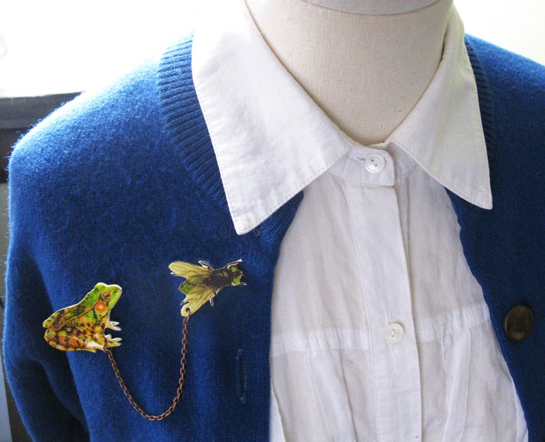 Etsy Trend Fun Present For Girls Nature Jewelry Green Frog and Fly Insect Brooch Double Pin Woodland Quirky Gift Idea Sweater Collar Image