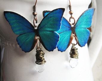 Blue Teal Butterfly Earrings, Clear Crystals, Dangle Earrings, Pretty Etsy Finds, Insect Jewelry, for Her, Gifts Nature Lover, Mother's Day