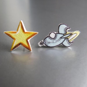 Star and Rocket Ship Earrings, Stud Post Earrings, Jewelry Gift For Best Friend, Space Kitsch, Mismatched Galaxy and Space, Handmade For Her