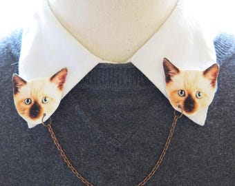 Siamese Cat Brooch: Kitten Pins, Beige Brown Cardigan Jewelry, Double Collar Brooch for Cat Lover, Funky Animal Accessory