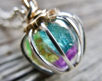 Birthstone Necklace Raw Gemstone: Custom Silver Gold, Gunmetal Pendant, Personalized Crystal, Choose Birth Month Stone, Handcrafted Jewelry.