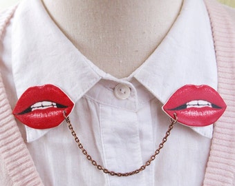 Red Lips Brooch Pin, Wife Girlfriend Gift, Kiss Sexy Smile Love Double Collar, Valentine's Day Quirky Present for Dentist, Unique Jewellery