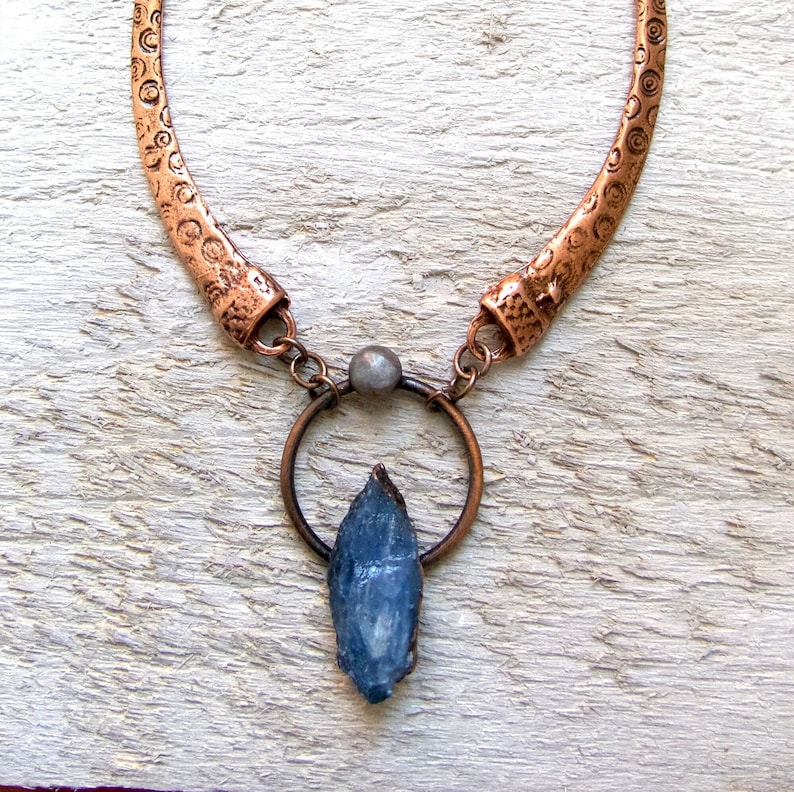 Kyanite and Copper Necklace, Mother's Day Gift, Raw Rough Gemstone, Handmade for Her Electroplate Metallic Rustic Statement Collar Connector image 1