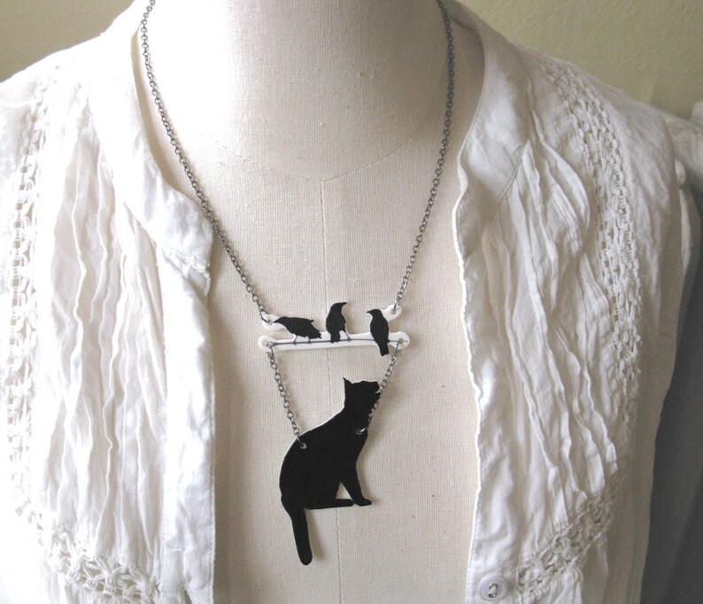 Black Cat with Birds Necklace, Animal Gift, Crows on a Branch, Twig Jewelry Statement Jewellery, Lucky Pet Lover Silhouette made Canada image 1