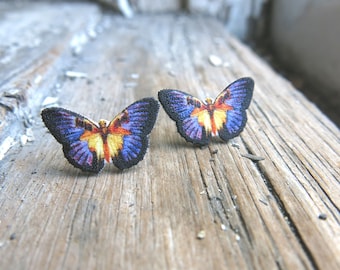Purple and Yellow Butterfly Earrings, Pretty Dainty Women's Fashion, Trend Insect Jewellery, Gift for Friend, Image Post Jewelry