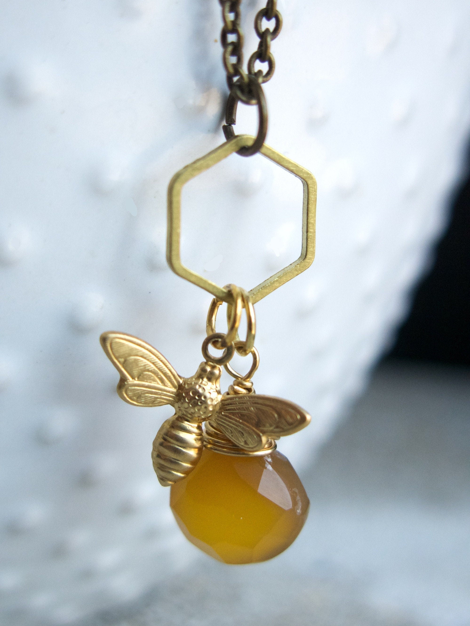 Bee Necklace with Yellow Chalcedony, Friend Mom Gift, Jewelry Gemstone, Handmade for Women Girls, Conservation, Woodland Gold Golden Crystal
