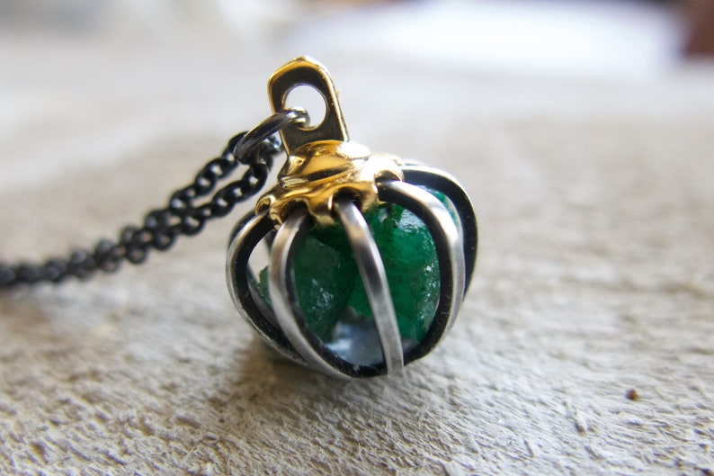 Raw Emerald Necklace, Crystal Green Gem, Gemini Sign, Mother's Day Gift, Push Present, May Birthstone, Rough Gemstone, Wife Cage Pendant image 5