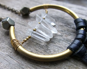 Black Leather and Brass Statement Necklace, Quartz Crystal Industrial Bold Jewelry, For Men and Women him her, Christmas Gift, Sharp present