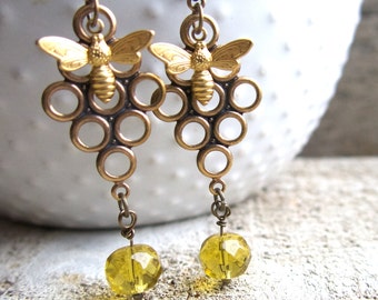 Bee Drop Earrings, Golden Honey, for Insect Lovers, Save The Bees and Nature, Beautiful Accessory for Women, Dangling Jewelry for Friend