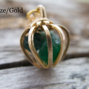 Raw Emerald Necklace, Crystal Green Gem, Gemini Sign, Mother's Day Gift, Push Present, May Birthstone, Rough Gemstone, Wife Cage Pendant Small Gold