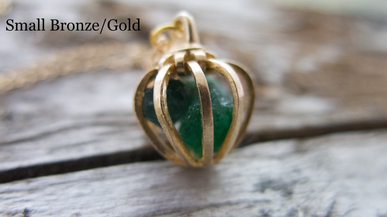 Raw Emerald Necklace, Crystal Green Gem, Gemini Sign, Mother's Day Gift, Push Present, May Birthstone, Rough Gemstone, Wife Cage Pendant Small Gold