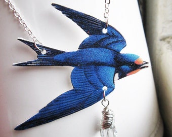 Blue Swallow Necklace. Bird Lover, Resin Animal Pendant, White Crystal Image Jewelry, Handmade for Her, Canadian Seller, Mother's Day Gift