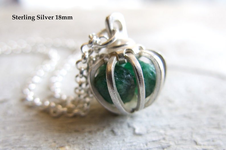 Raw Emerald Necklace, Crystal Green Gem, Gemini Sign, Mother's Day Gift, Push Present, May Birthstone, Rough Gemstone, Wife Cage Pendant Sterling Silver 18mm