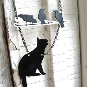 Black Cat with Birds Necklace, Animal Gift, Crows on a Branch, Twig Jewelry Statement Jewellery, Lucky Pet Lover Silhouette made Canada image 2