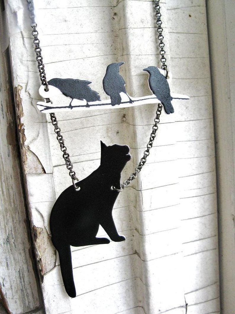 Black Cat with Birds Necklace, Animal Gift, Crows on a Branch, Twig Jewelry Statement Jewellery, Lucky Pet Lover Silhouette made Canada image 2