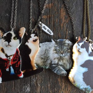 Custom pet portrait-inspired resin cat pendant on silver or brass chain, a heartfelt pet memorial necklace for cat/dog lovers.
