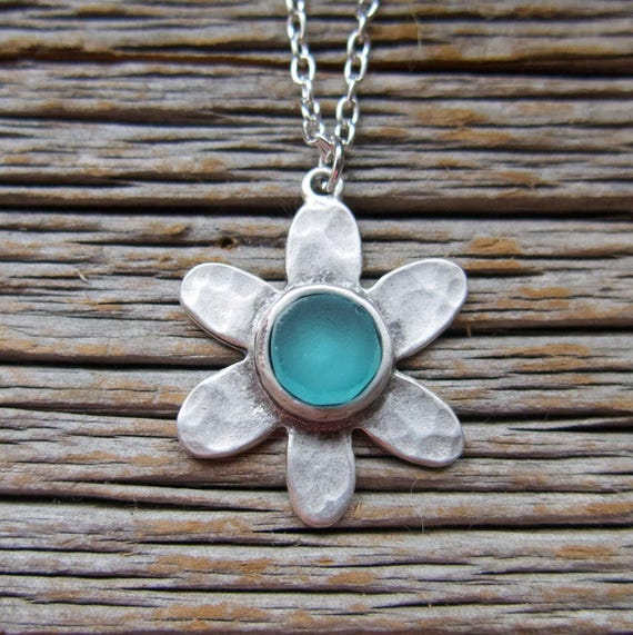Sea Glass Necklace Aqua Cornflower Blue Pendant with Antiqued Silver Floral Charm, Wedding Gift for Flower Girl, Women and Teens.