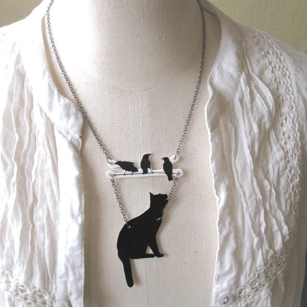 Black Cat with Birds Necklace, Animal Gift, Crows on a Branch, Twig Jewelry, Statement Jewellery, Lucky Pet Lover Silhouette, Made Canada