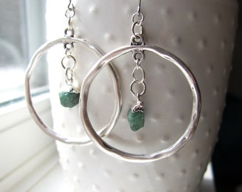 Emerald Hoops Earrings, Silver Hammered Circle, Mother's Day, Boho Bohemian, Drop, Large Green, May Birthstone, Handmade Gift, Raw Crystal