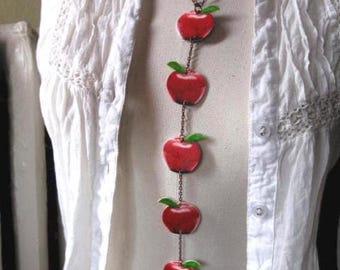 Red Apple Necklace Copper Chain Pendant: Fruit Jewelry on Long Necklace, Country Chic Fall Accessory