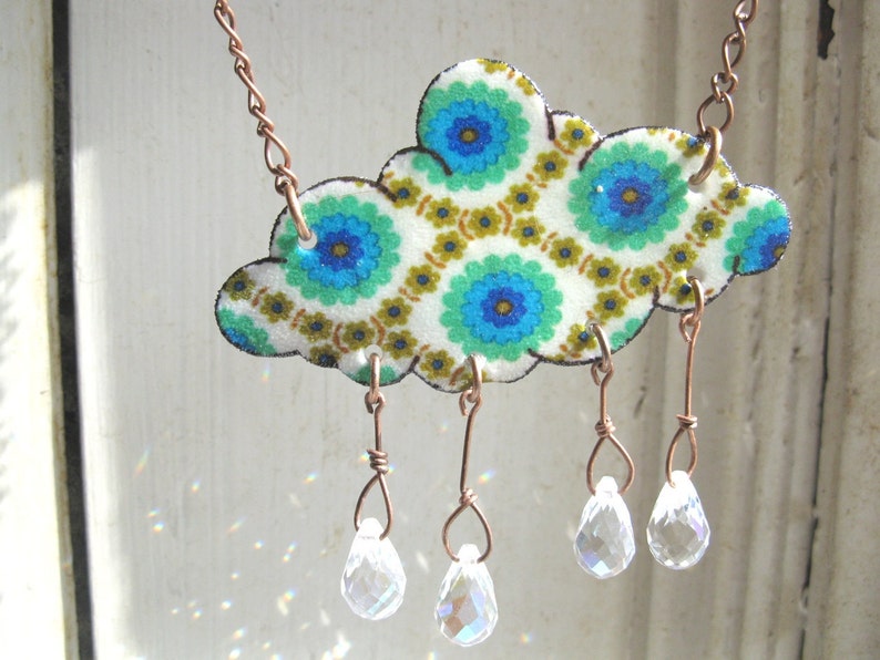 Cloud Rain Drops Necklace, 70s Inspired Pendant, Handmade for Her, Crystal Raindrops, Spring Showers, Green Teal Blue, Gift for Gardener, image 2