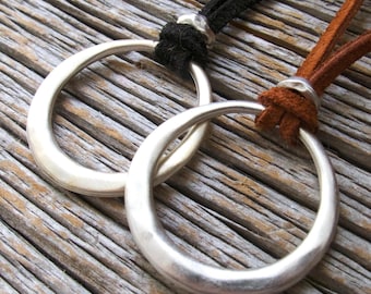 Silver Hoop Necklace on Leather Chord, Gift for Him or Her, Father's Day Boho, Bohemian for Her, Present for Friend, Black or Brown Leather