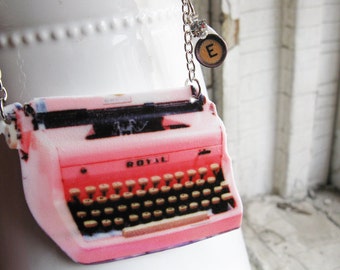 Personalized Initial Teacher Gift Pendant Necklace Pink Typewriter Gift for Writer Kitsch Geekery
