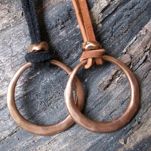 Copper Hoop Necklace Black Brown Leather: Modern Boho Layered Unisex Pendant, Gift for Him or Her, Simple Bohemian Necklace