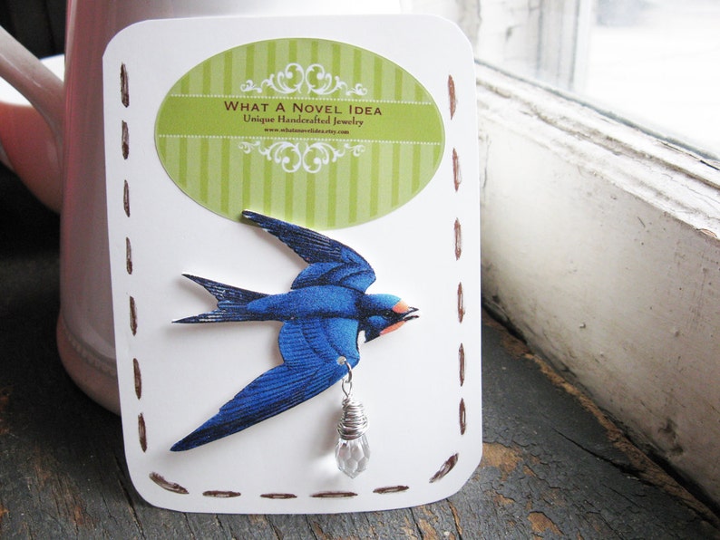 Blue Swallow Bird Brooch, Handmade Gift Her, Animal Pin, Woodland Jewelry, Crystal, Present for Girls, Birthday Teens, Present for Friend image 6