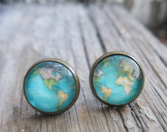 World Traveler Map Post Earrings: Blue Globe Glass Handmade Travel Jewelry