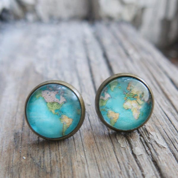 World Traveler Map Post Earrings: Blue Globe Glass Handmade Travel Jewelry