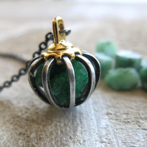 Raw Emerald Statement Necklace, Crystal Green Gem, Gemini Sign, Mother Mom, Push Present, May Birthstone, Rough Gemstone, Wife Cage Pendant