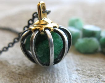 Raw Emerald Statement Necklace, Crystal Green Gem, Gemini Sign, Mother Mom, Push Present, May Birthstone, Rough Gemstone, Wife Cage Pendant