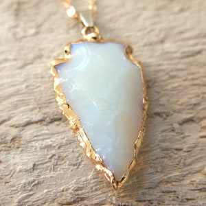 Opalite Arrowhead Necklace, Arrow Healing Stone, Mother's Day Gift, White Gemstone, Bronze Gold, Friend Gift, Boho Bohemian Style, Opal image 3