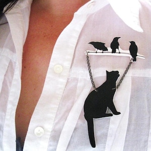 Black Cat and Birds Pin, Animal Brooch, Gift for Mom, Pet Lover, Mother's Day Present, Black Silhouette, Unique Funky, Trendy, Best Seller