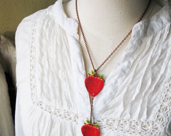 Strawberry Chain Red Necklace Summer Women's Fashion Red Strawberries Accessory Fruit Berry Summer Gift Long Chain Pendant