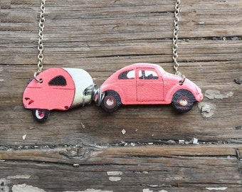 Wanderlust Gifts Necklace Pink or Blue Necklace Retro Beetle Camper Trailer Travel Wanderlust Vintage Inspired Quirky Acrylic Plastic