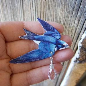 Blue Swallow Bird Brooch, Handmade Gift Her, Animal Pin, Woodland Jewelry, Crystal, Present for Girls, Birthday Teens, Present for Friend image 4