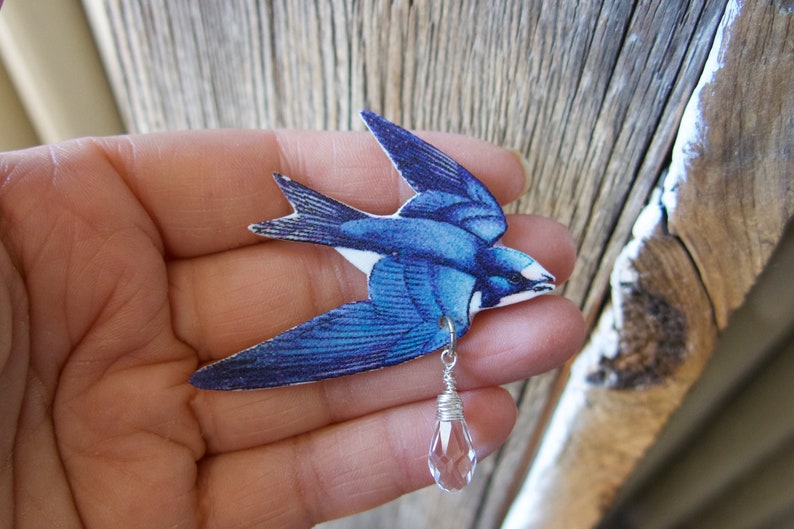 Blue Swallow Bird Brooch, Handmade Gift Her, Animal Pin, Woodland Jewelry, Crystal, Present for Girls, Birthday Teens, Present for Friend image 4